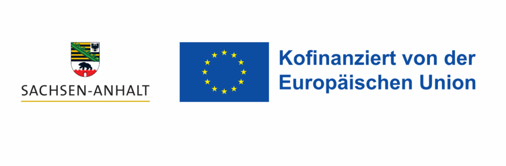 Logo des Landes Sachsen-Anhalt links, EU-Logo in der Mitte, Hinweis auf Kofinanzierung rechts.